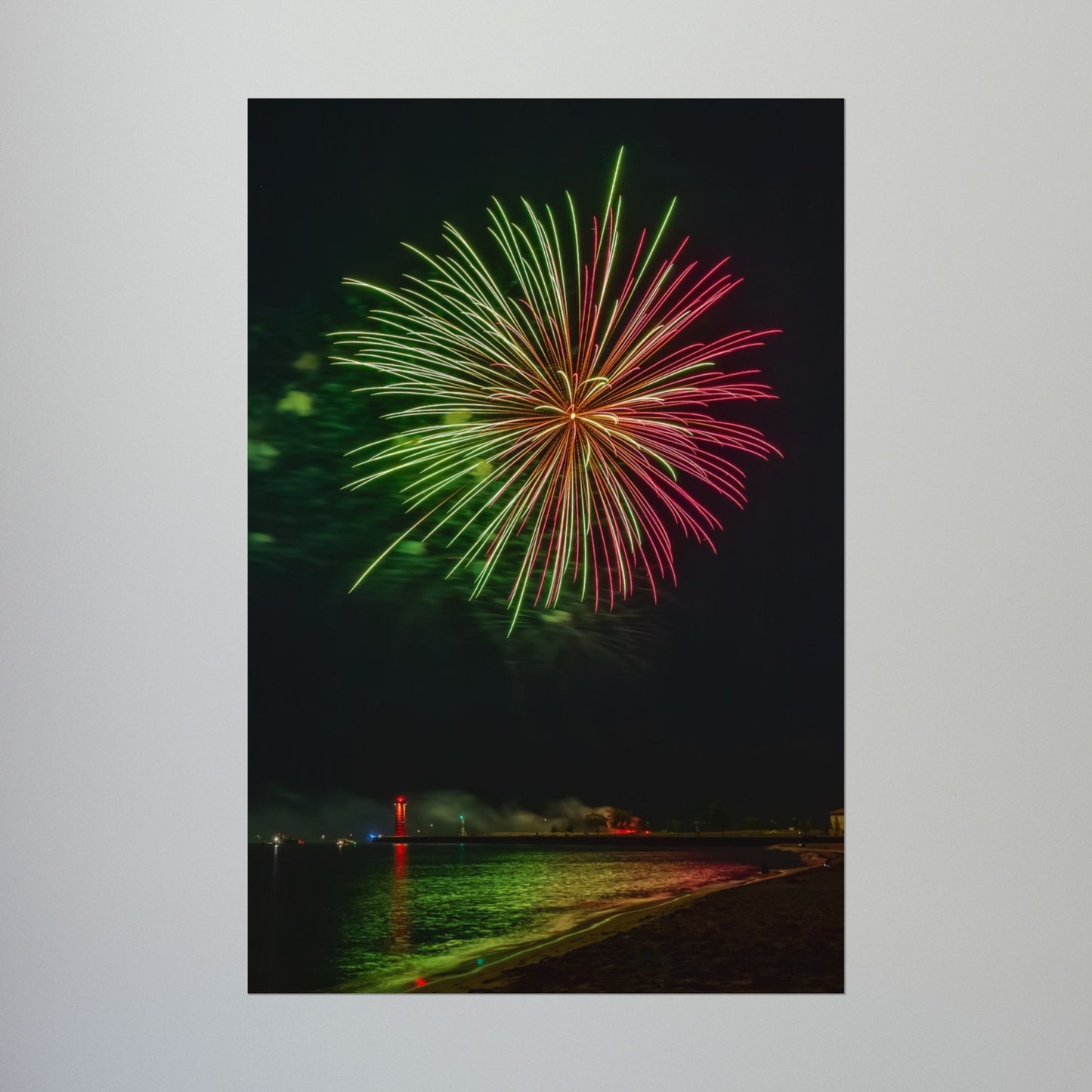 Green & Pink 4th of July Fireworks over Kenosha Pier Light Rolled Poster