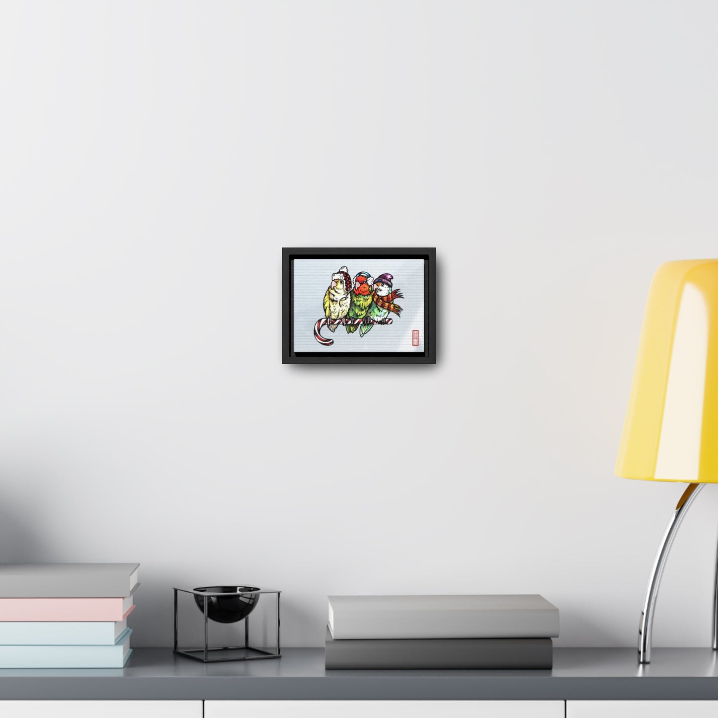 3 Lovebirds with Winter Wear & Perched on a Candy Cane, Framed Canvas Wrap Wall Art