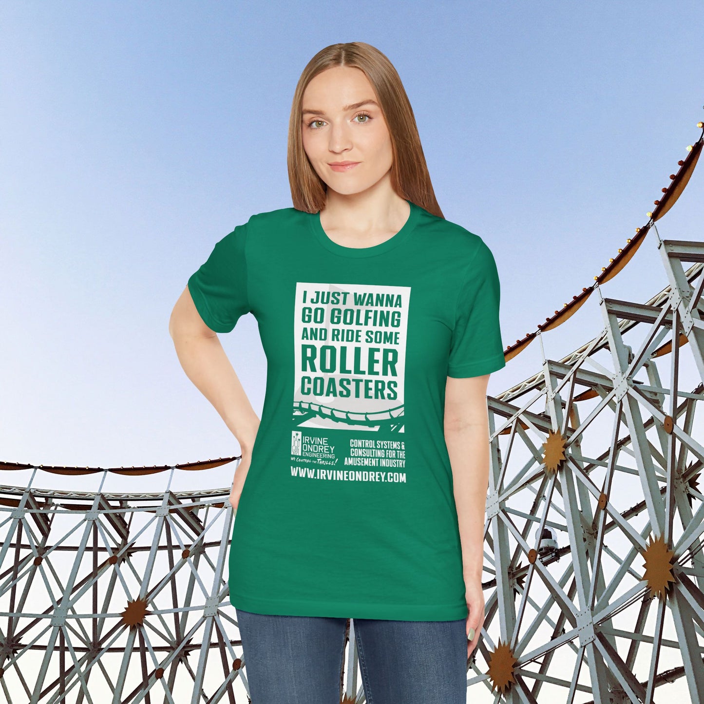 I Just Wanna Go Golfing & Ride Roller Coasters Tee (FRONT graphic) • Irvine Ondrey Engineering