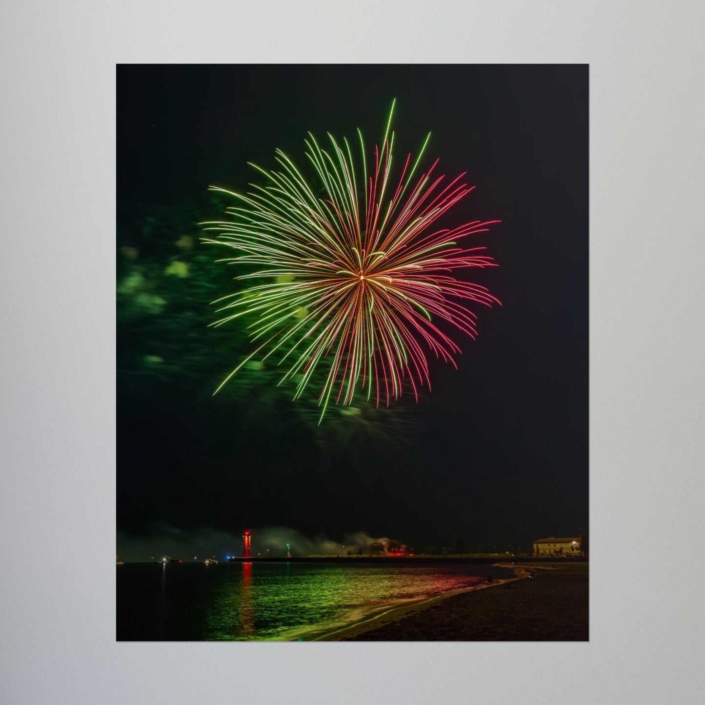 Green & Pink 4th of July Fireworks over Kenosha Pier Light Rolled Poster