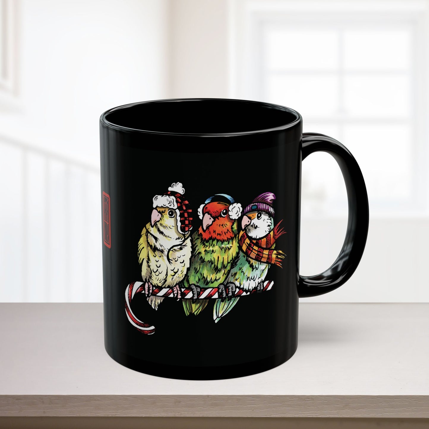 3 Lovebirds With Winter Wear & Perched on a Candy Cane, 11oz or 15oz Mug