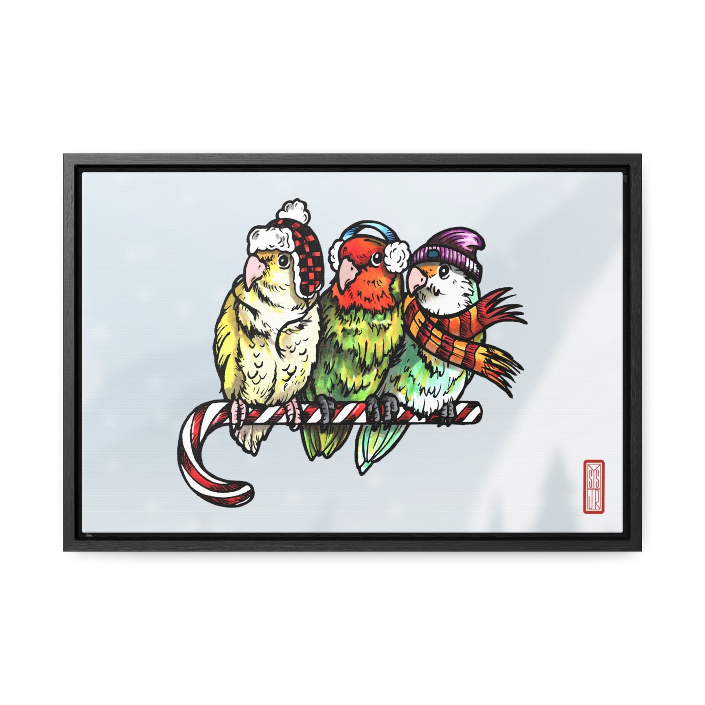 3 Lovebirds with Winter Wear & Perched on a Candy Cane, Framed Canvas Wrap Wall Art