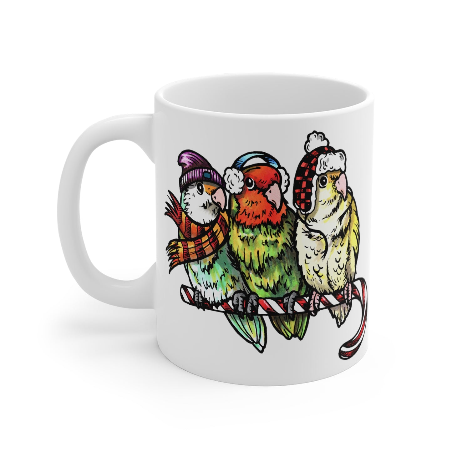 3 tortolitos con ropa de invierno y posados en un bastón de caramelo, taza de 11 oz o 15 oz
