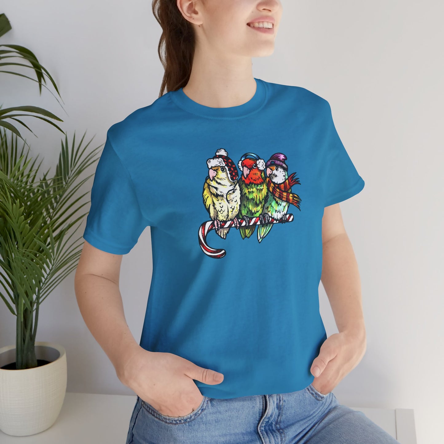3 Lovebirds in Winter Wear & Perched on a Candy Cane, Tee