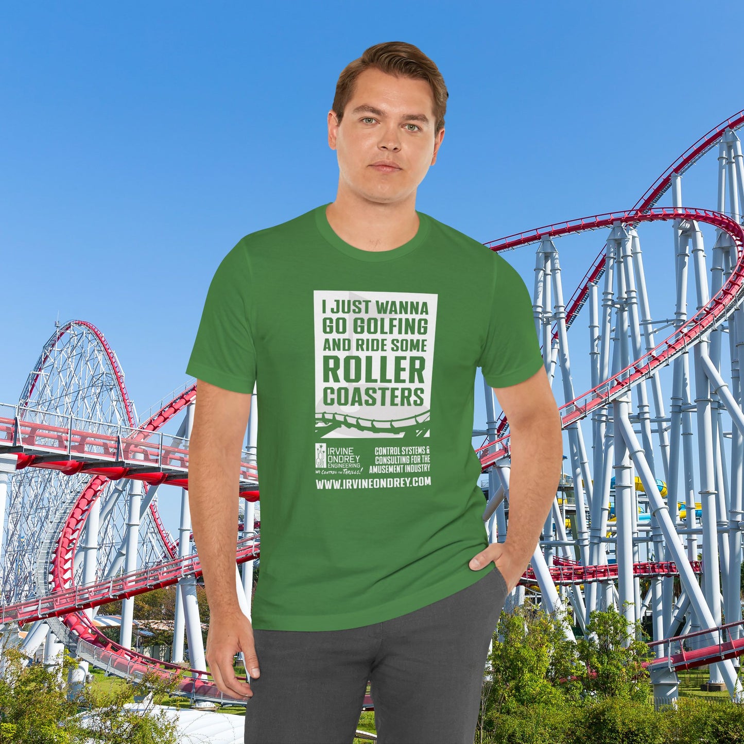 I Just Wanna Go Golfing & Ride Roller Coasters Tee (FRONT graphic) • Irvine Ondrey Engineering