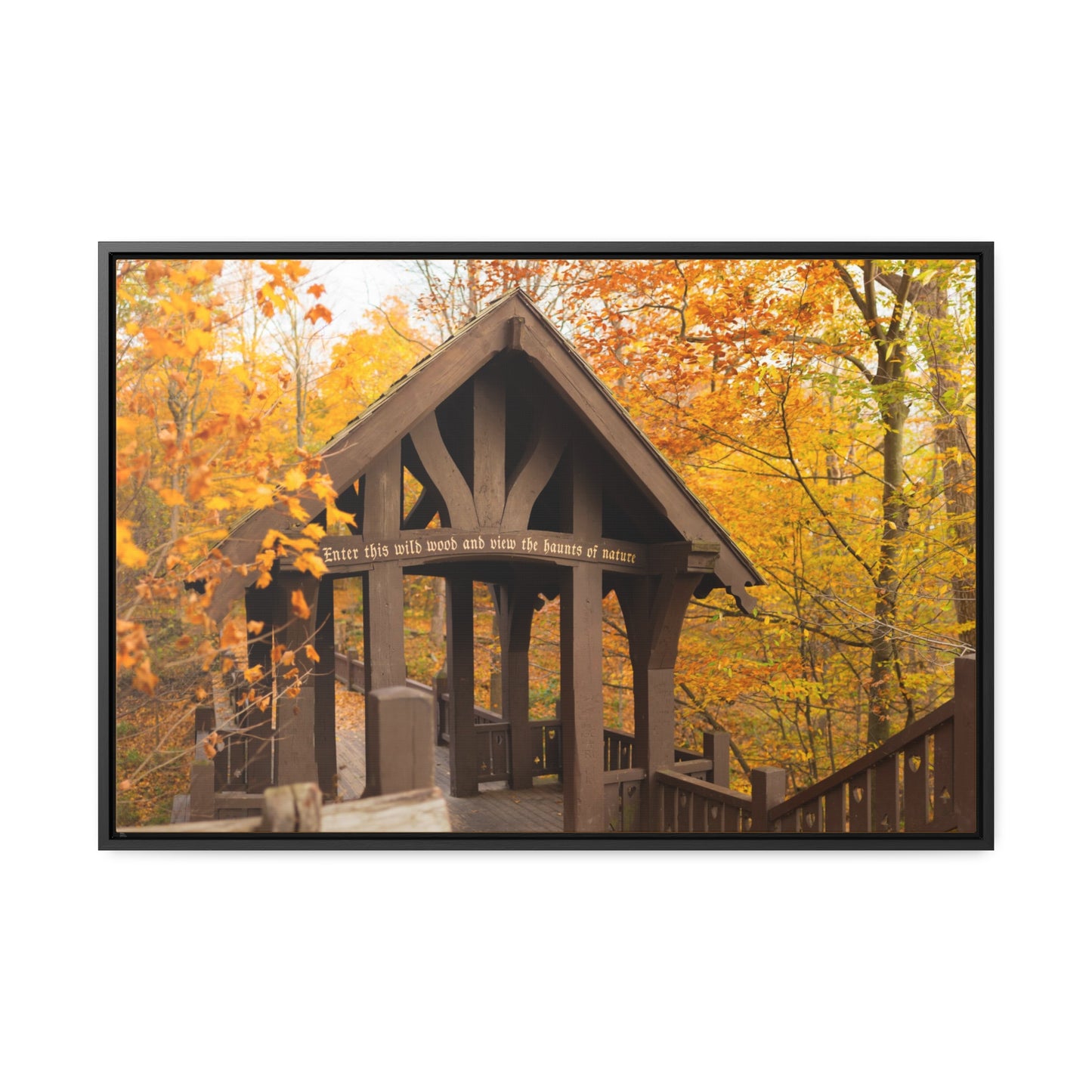 7 Bridges Trail’s Covered Bridge at Grant Park in South Milwaukee Wisconsin, Photography Framed Canvas Wrap Wall Art