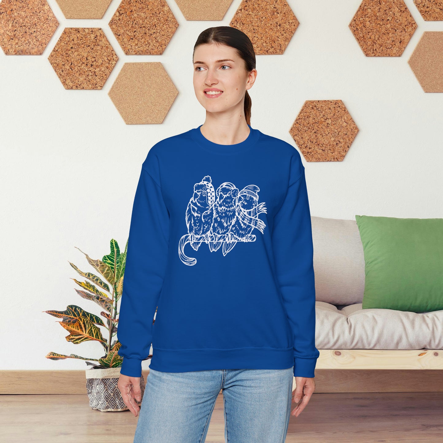 3 Lovebirds with Winter Wear & Perched on a Candy Cane, Line Art Crew Neck Sweatshirt