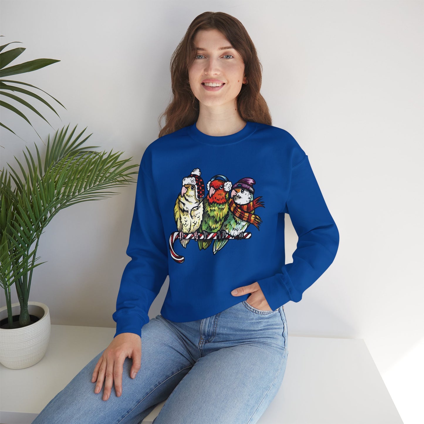 3 tourtereaux avec vêtements d’hiver et perchés sur une canne en bonbon, sweat-shirt à col rond