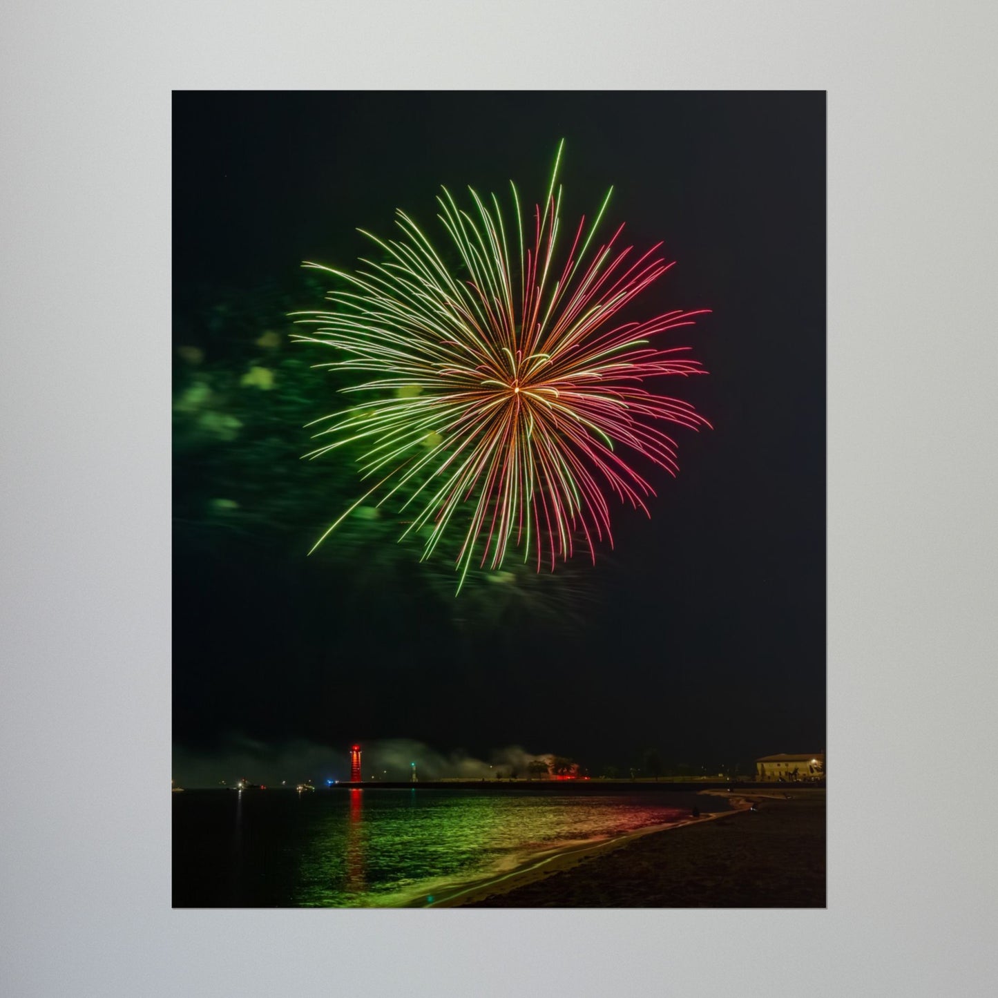 Green & Pink 4th of July Fireworks over Kenosha Pier Light Rolled Poster