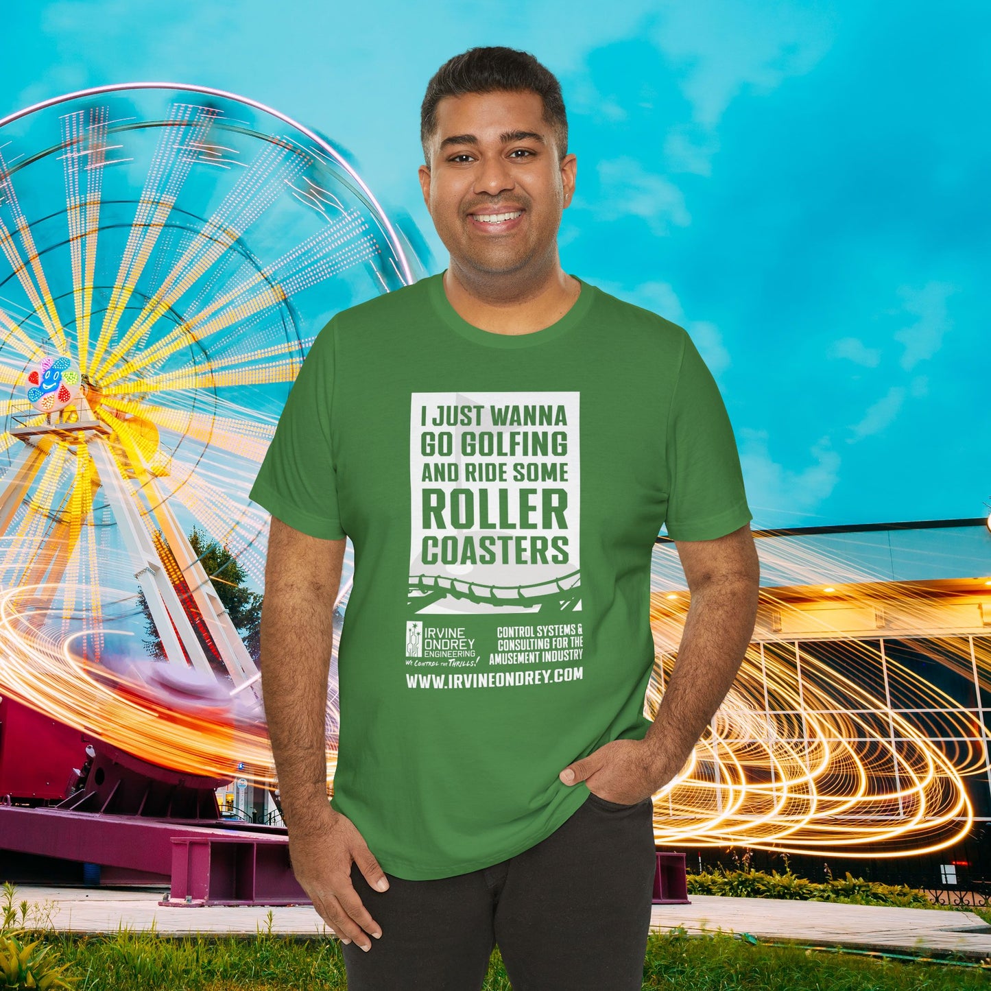 I Just Wanna Go Golfing & Ride Roller Coasters Tee (FRONT graphic) • Irvine Ondrey Engineering