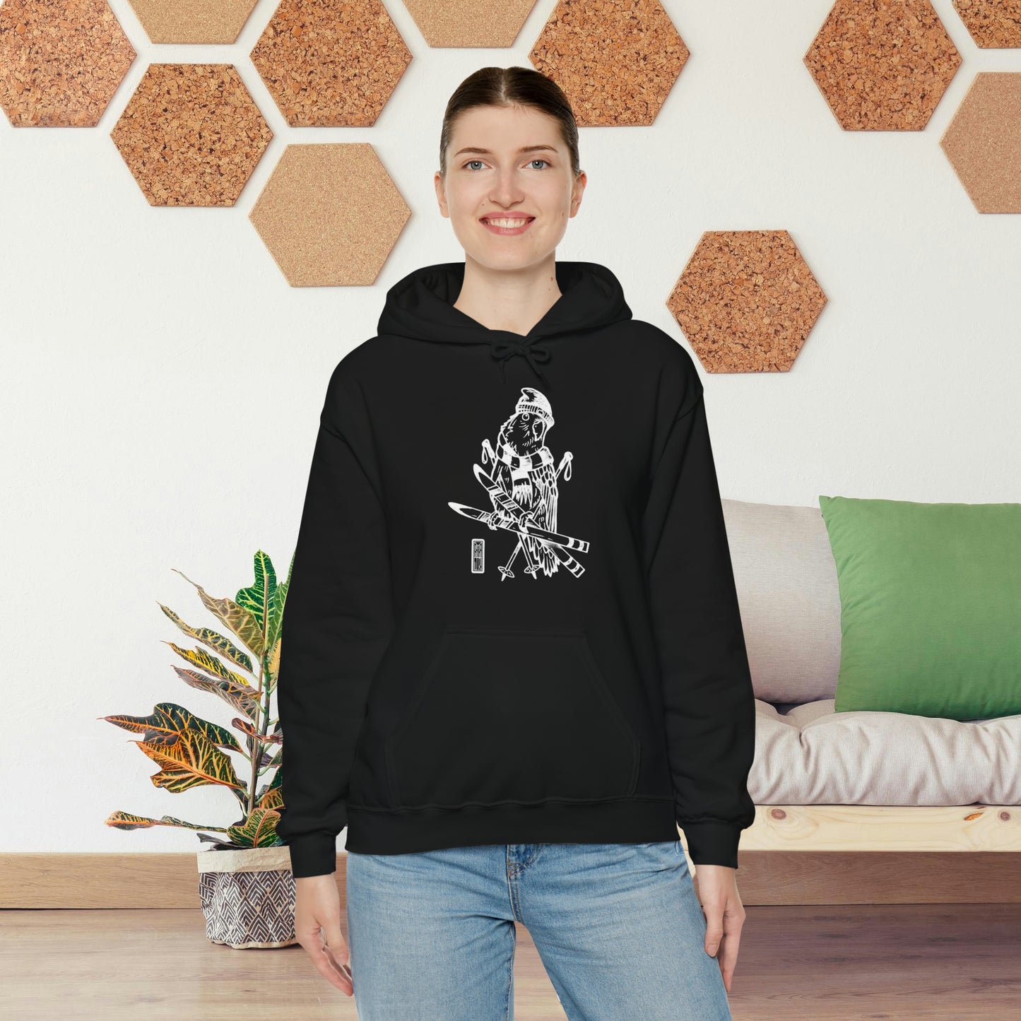 Lovebird Goes Skiing, Line Art Hoodie