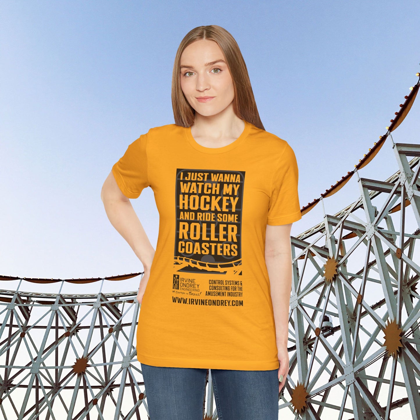 I Just Wanna Watch Hockey & Ride Roller Coasters Tee (FRONT graphic) • Irvine Ondrey Engineering