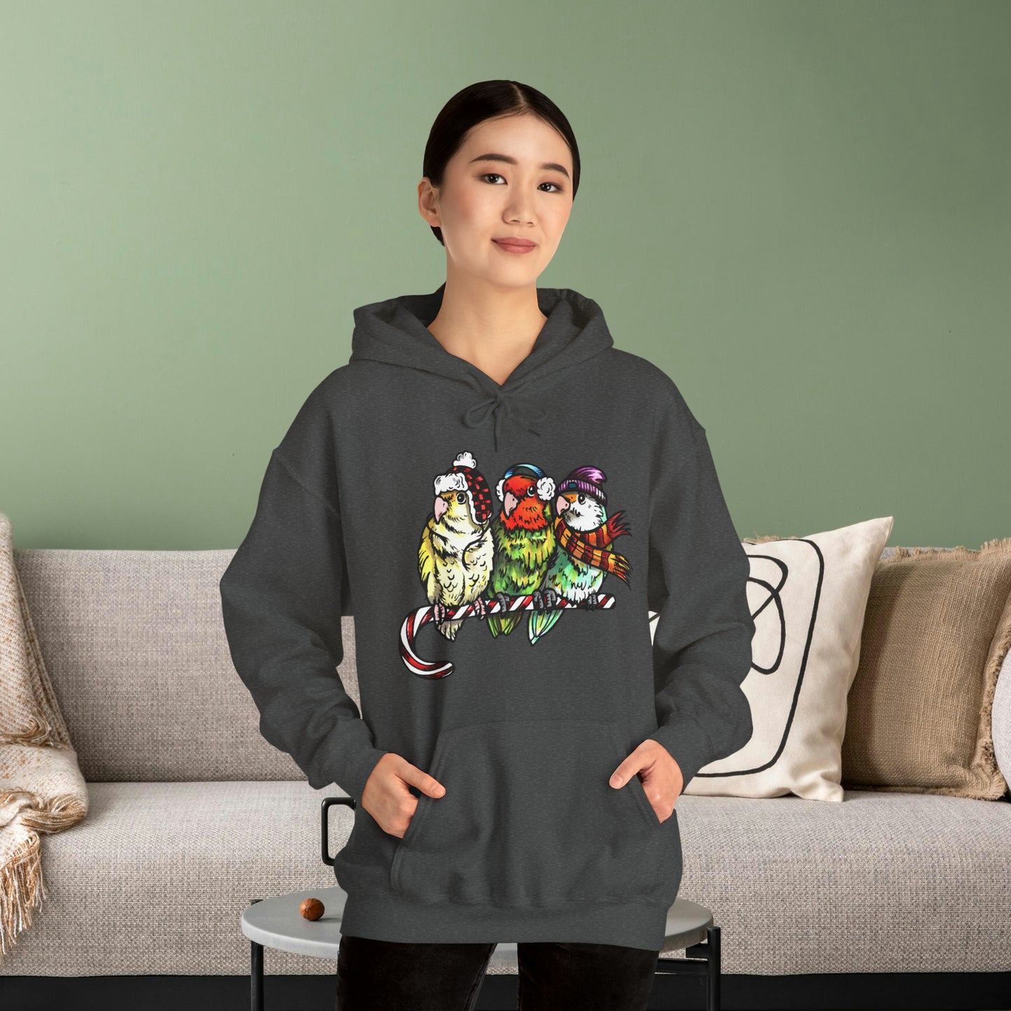 3 Lovebirds with Winter Wear & Perched on a Candy Cane Hoodie