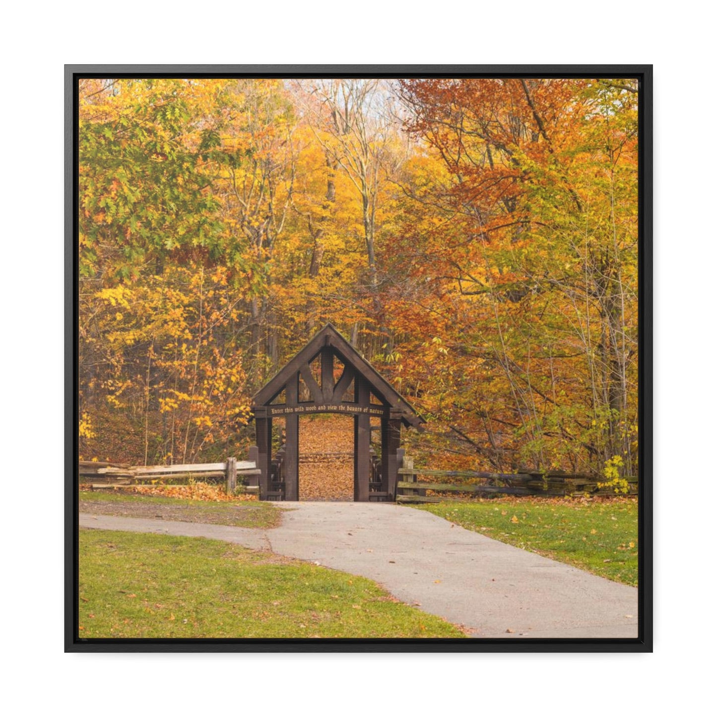 Seven Bridges Trail’s Covered Bridge at Grant Park in South Milwaukee Wisconsin, Photography Square Framed Canvas Wrap Wall Art