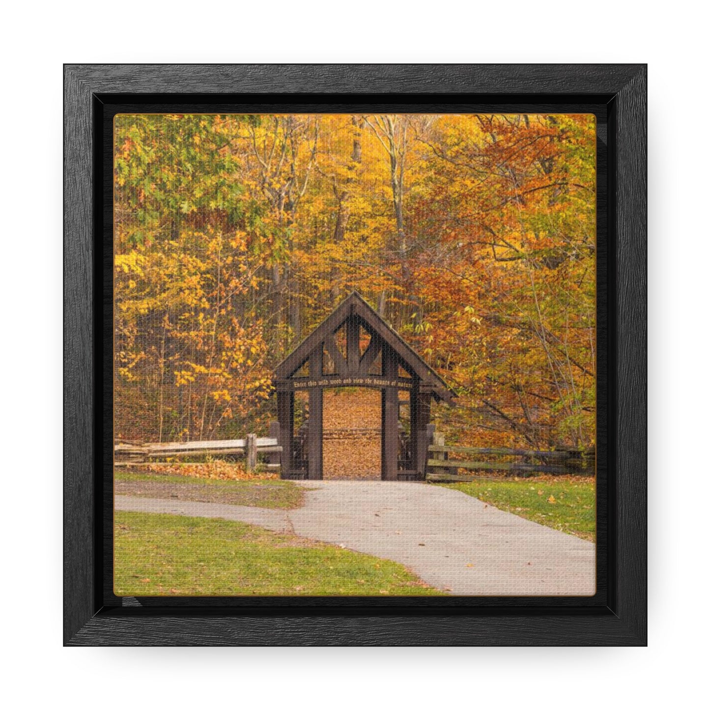 Seven Bridges Trail’s Covered Bridge at Grant Park in South Milwaukee Wisconsin, Photography Square Framed Canvas Wrap Wall Art