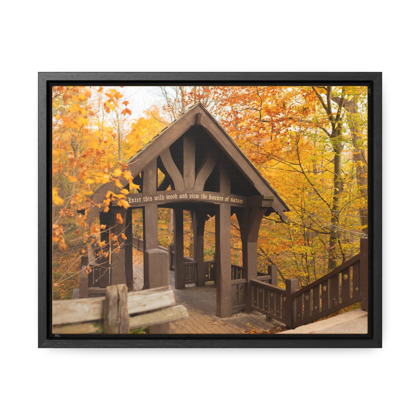 7 Bridges Trail’s Covered Bridge at Grant Park in South Milwaukee Wisconsin, Photography Framed Canvas Wrap Wall Art