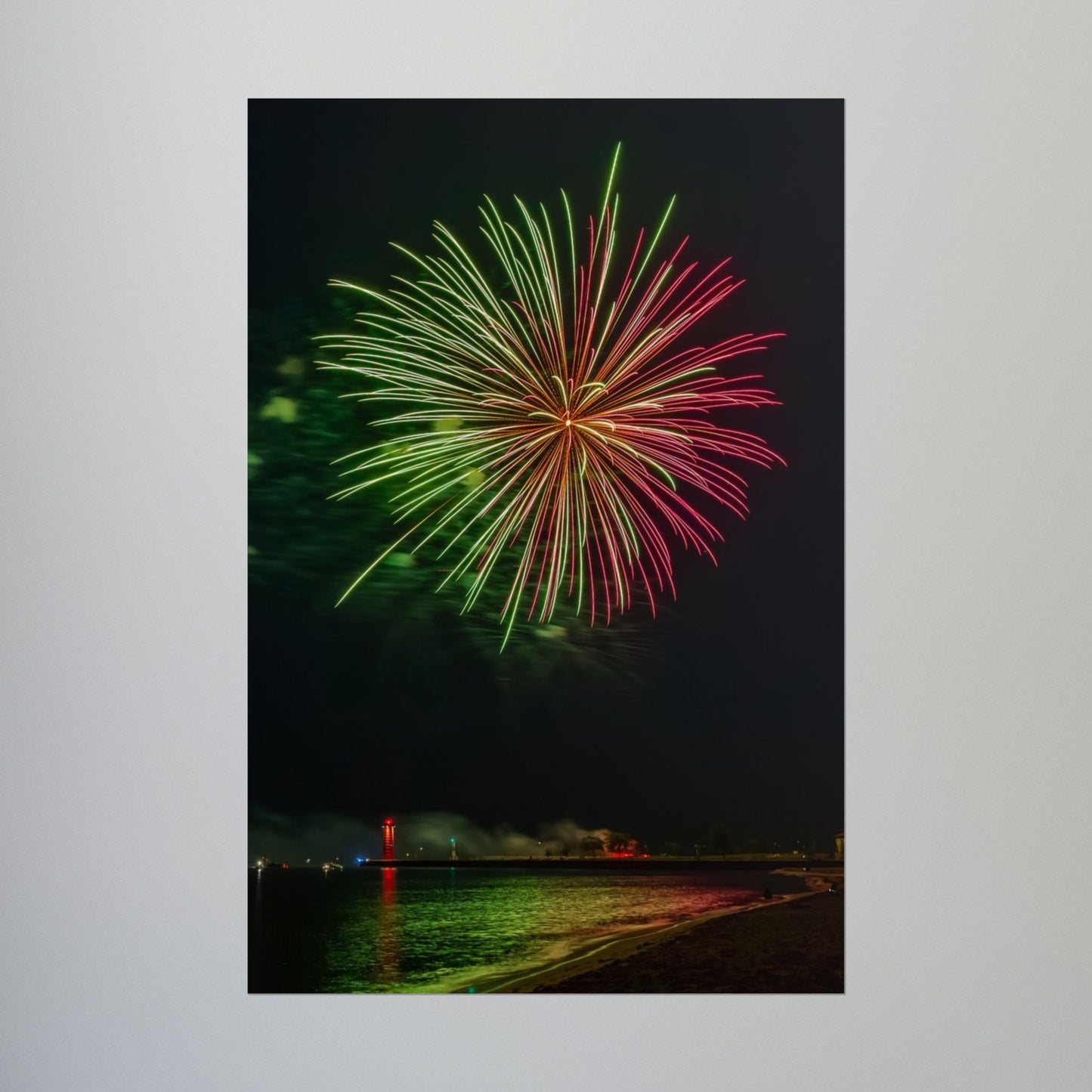 Green & Pink 4th of July Fireworks over Kenosha Pier Light Rolled Poster