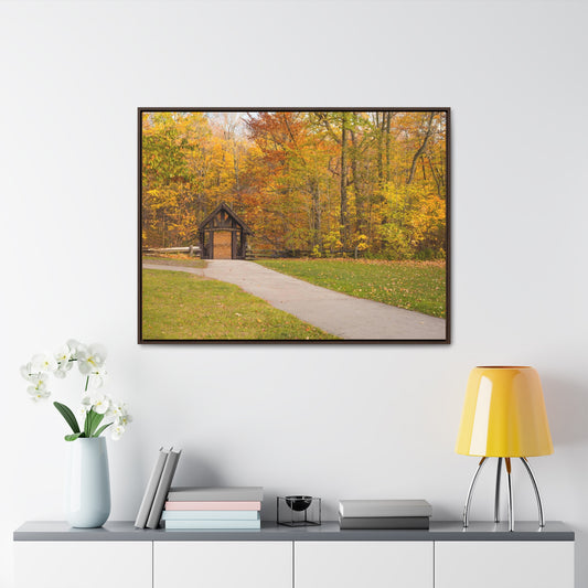 Seven Bridges Trail’s Covered Bridge at Grant Park in South Milwaukee Wisconsin, Photography Horizontal Framed Canvas Wrap Wall Art