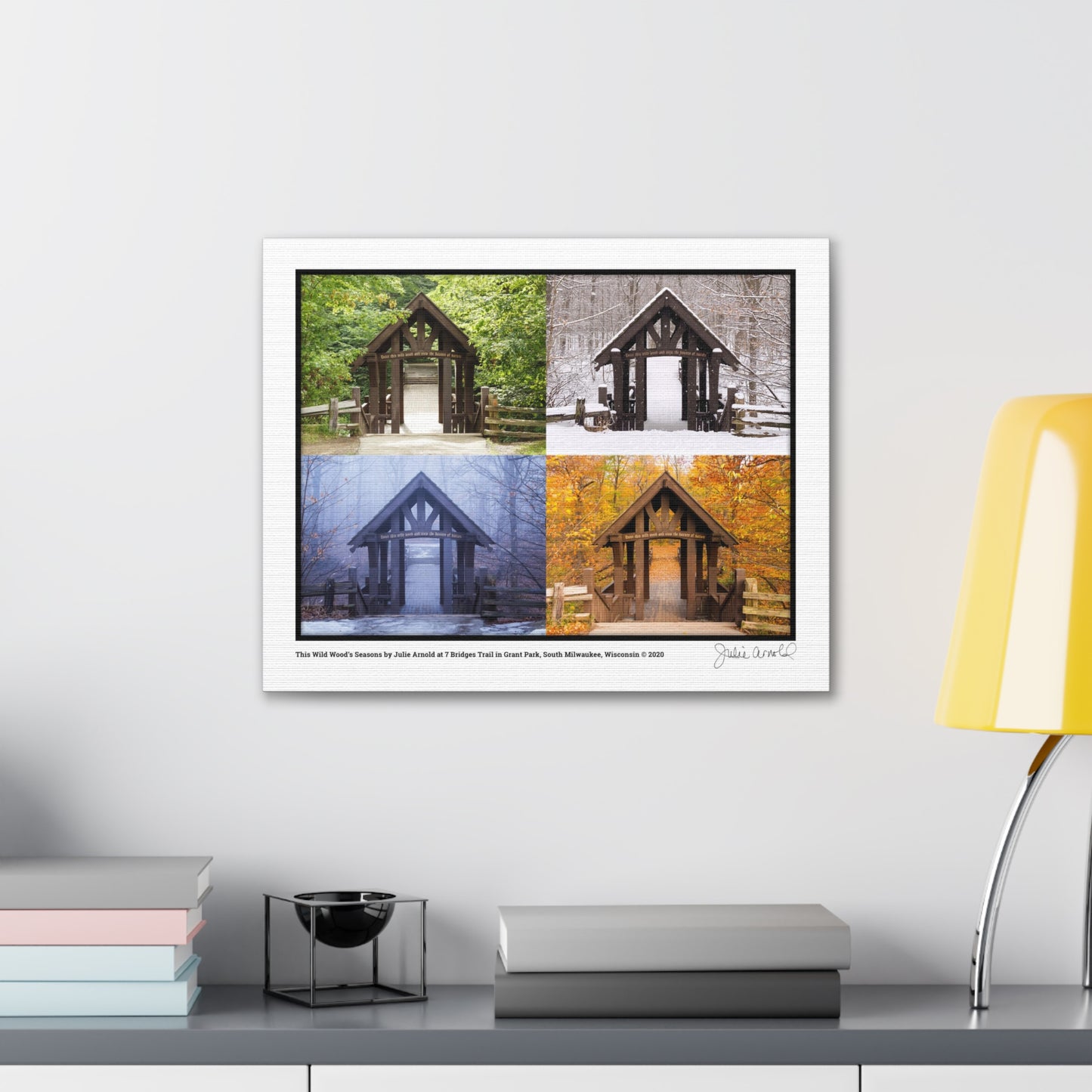 7 Bridges Trail’s Covered Bridge at Grant Park in South Milwaukee Wisconsin, All 4 Seasons Photo Collage, Canvas Wrap Wall Art