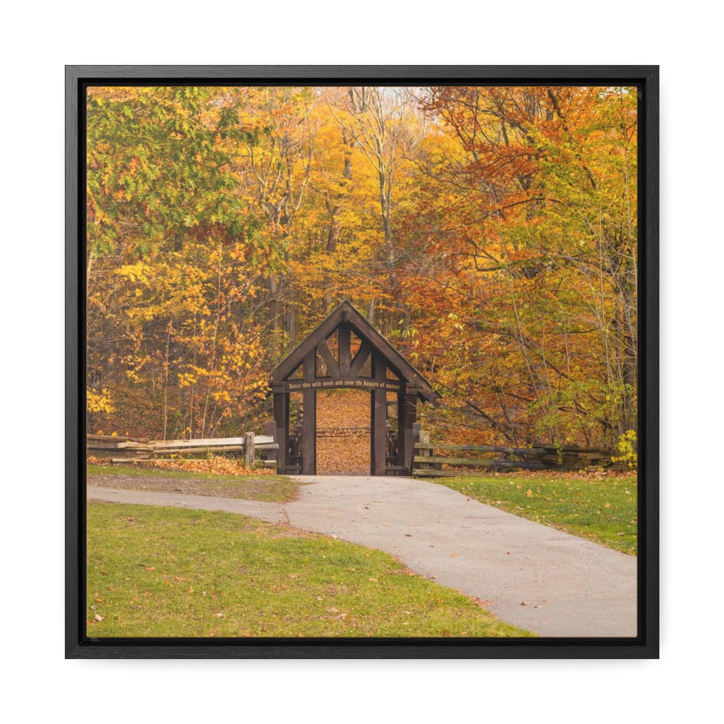 Seven Bridges Trail’s Covered Bridge at Grant Park in South Milwaukee Wisconsin, Photography Square Framed Canvas Wrap Wall Art