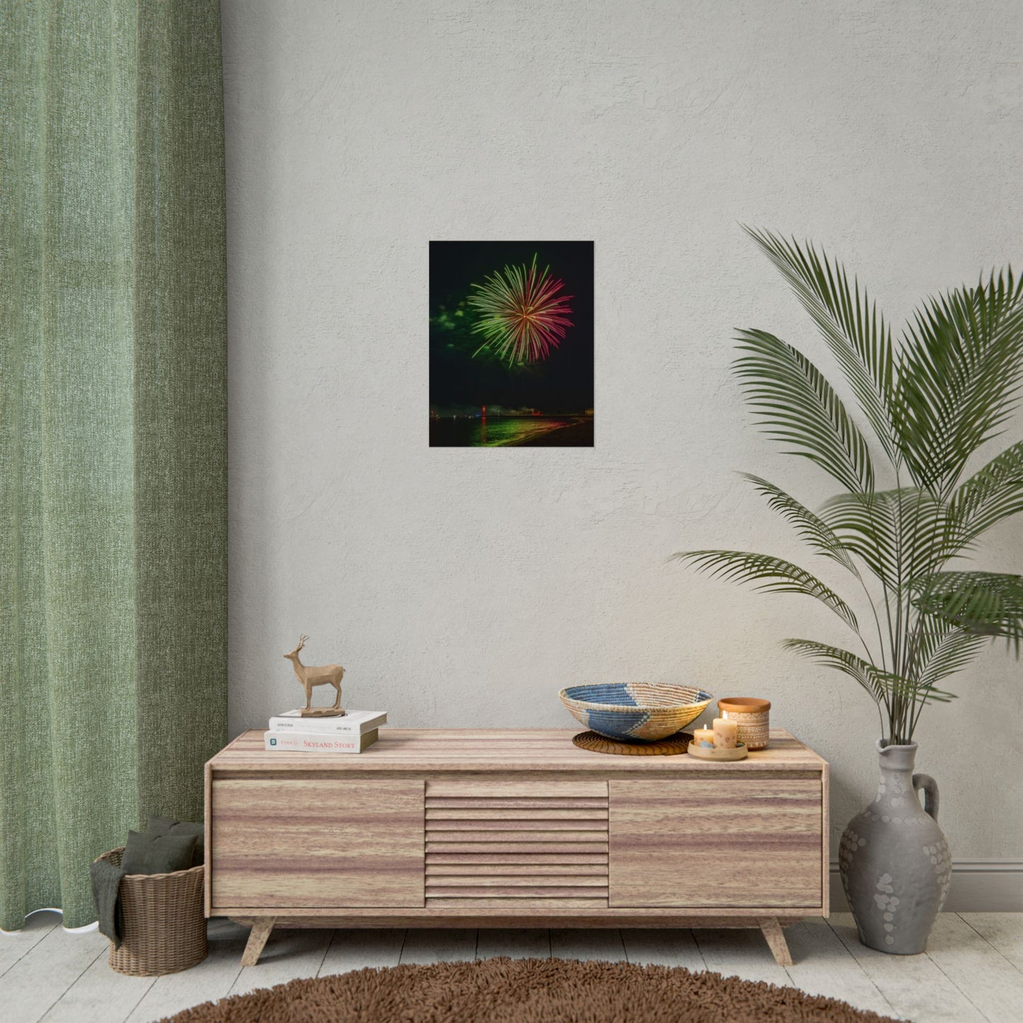 Green & Pink 4th of July Fireworks over Kenosha Pier Light Rolled Poster