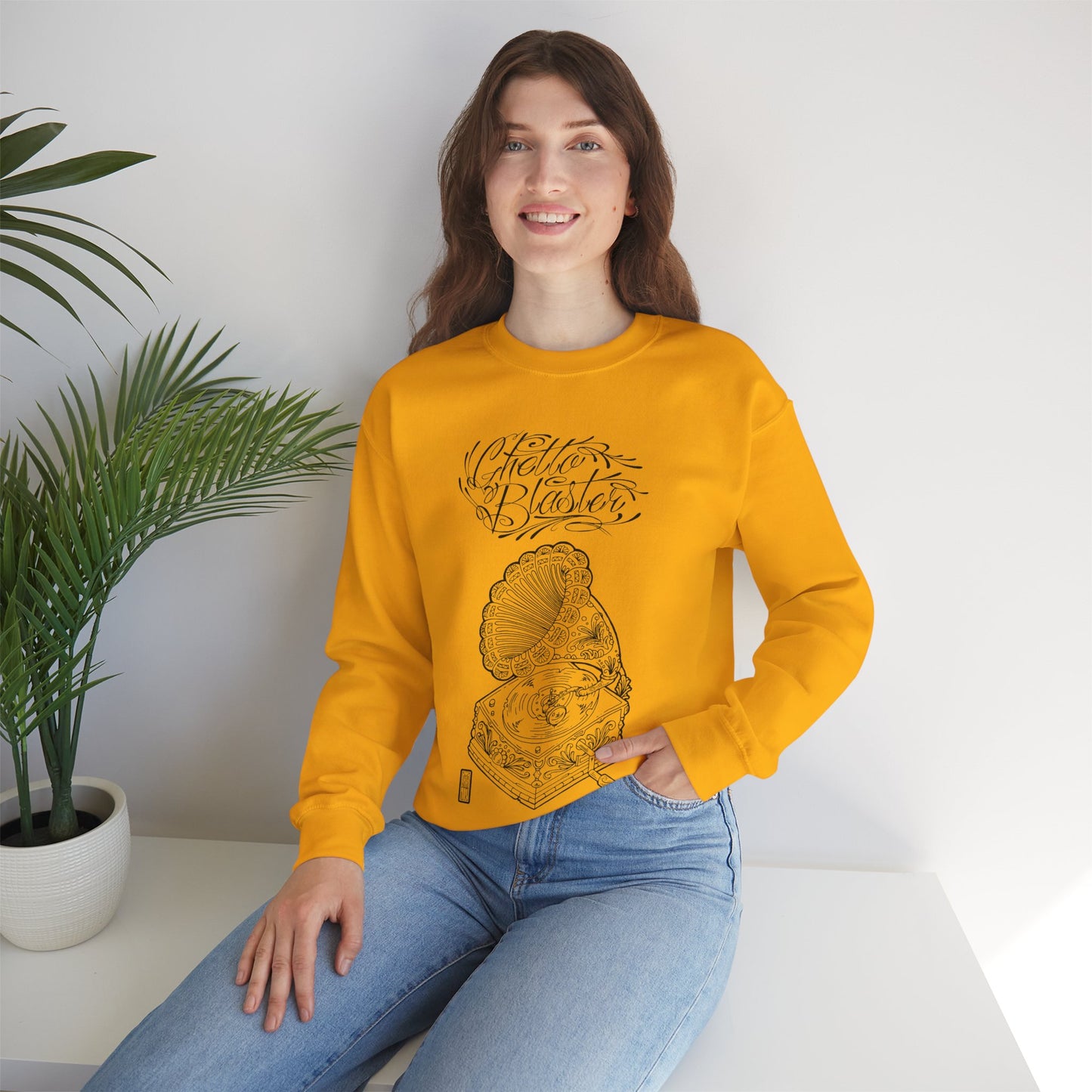Ghetto Blaster, sudadera con cuello redondo y arte lineal