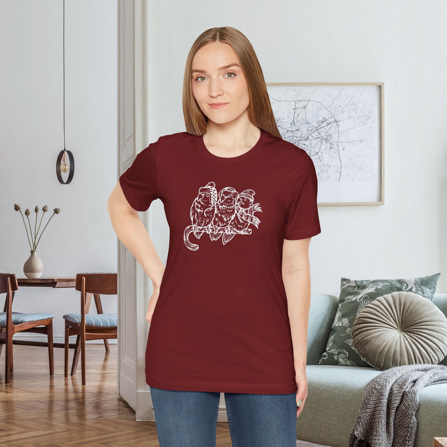 3 Lovebirds in Winter Wear & Perched on a Candy Cane, Line Art Tee
