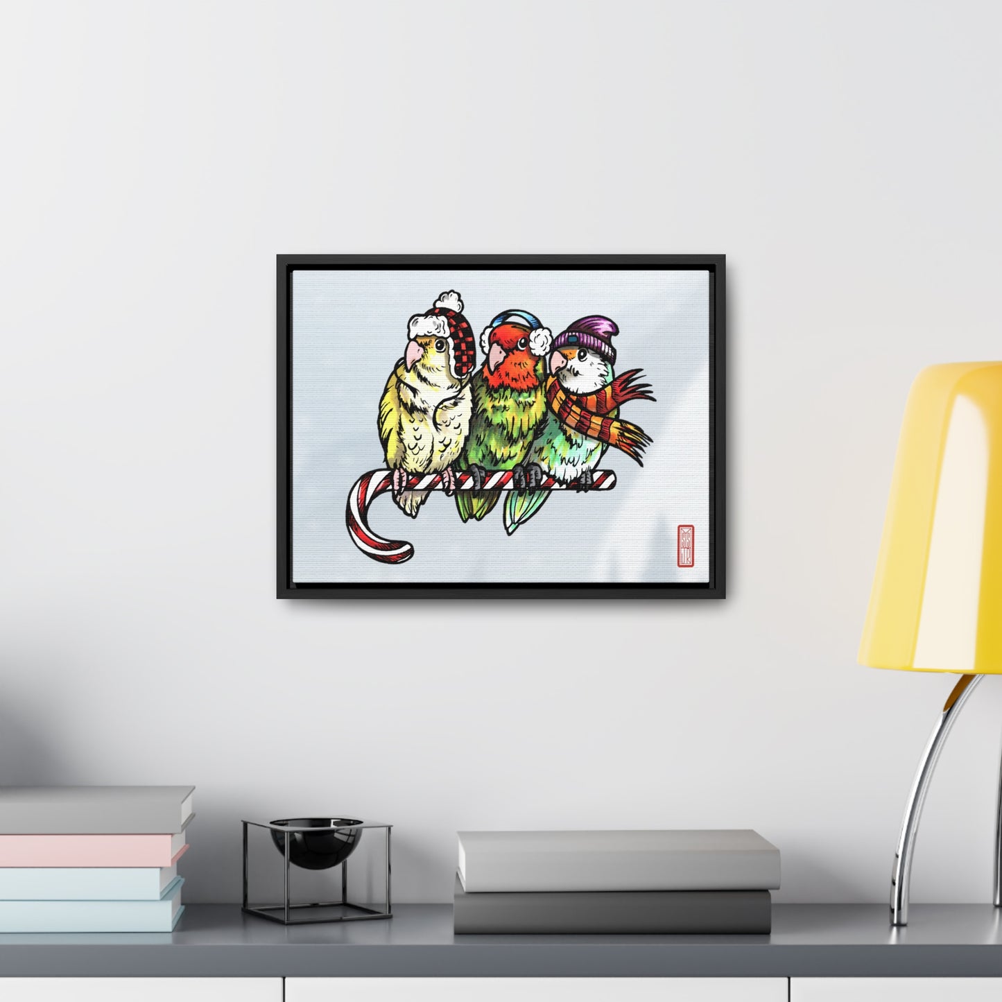 3 Lovebirds with Winter Wear & Perched on a Candy Cane, Framed Canvas Wrap Wall Art