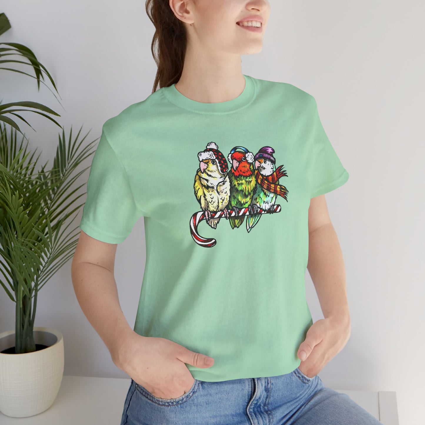 3 Lovebirds in Winter Wear & Perched on a Candy Cane, Tee
