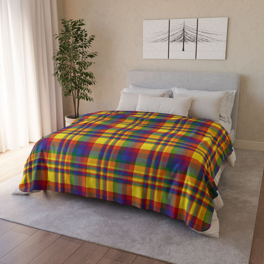 60" × 80" Beige Rainbow Pride Plaid Fleece Sherpa Blanket