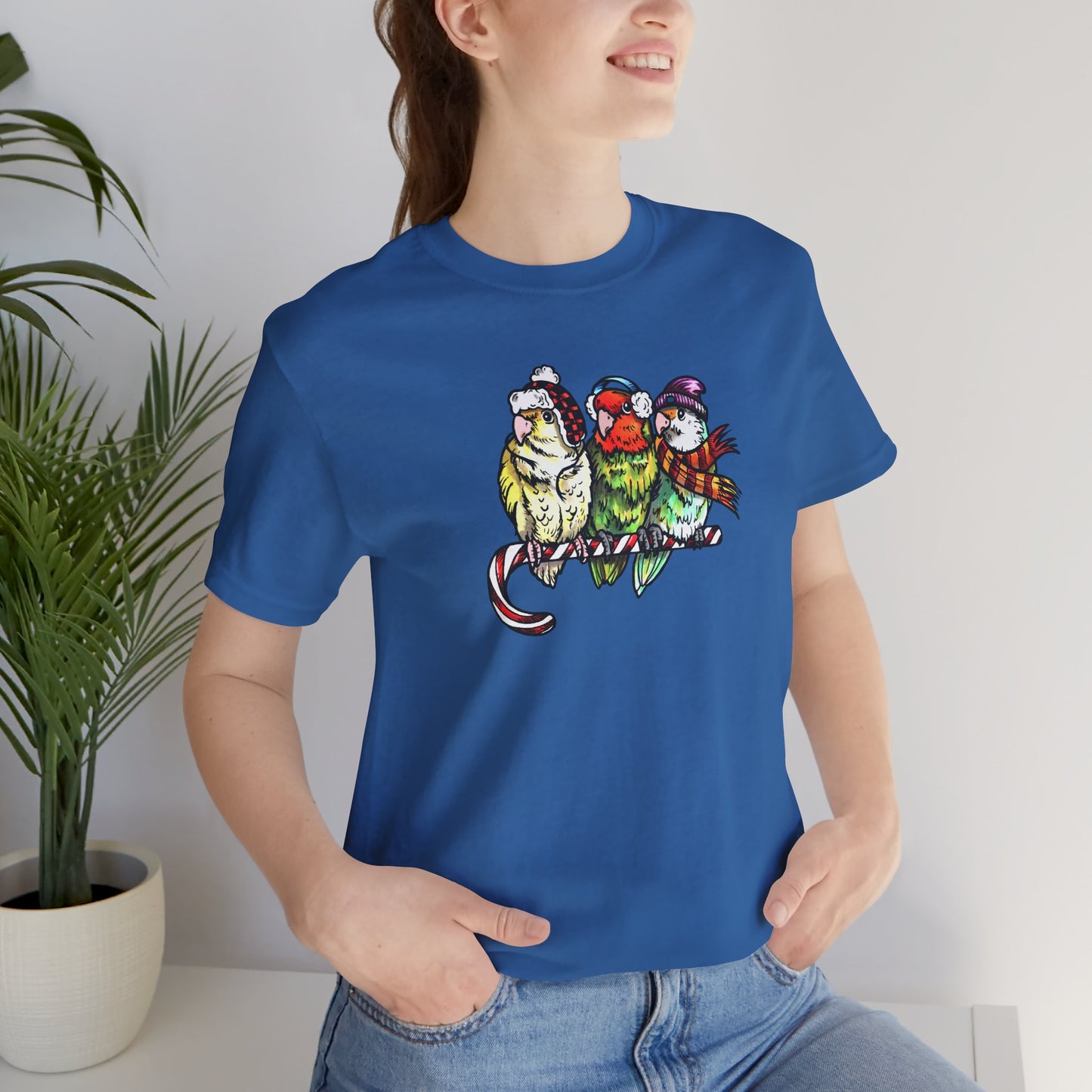 3 Lovebirds in Winter Wear & Perched on a Candy Cane, Tee