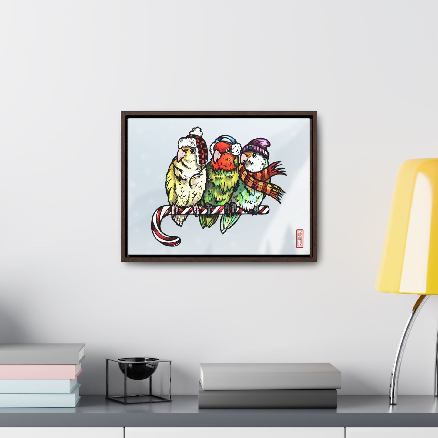 3 Lovebirds with Winter Wear & Perched on a Candy Cane, Framed Canvas Wrap Wall Art