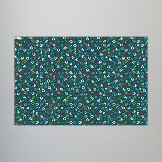 29'' x 20" Matte Christmas Green, Red, Blue & White Paw Print Gift Wrapping Paper Roll