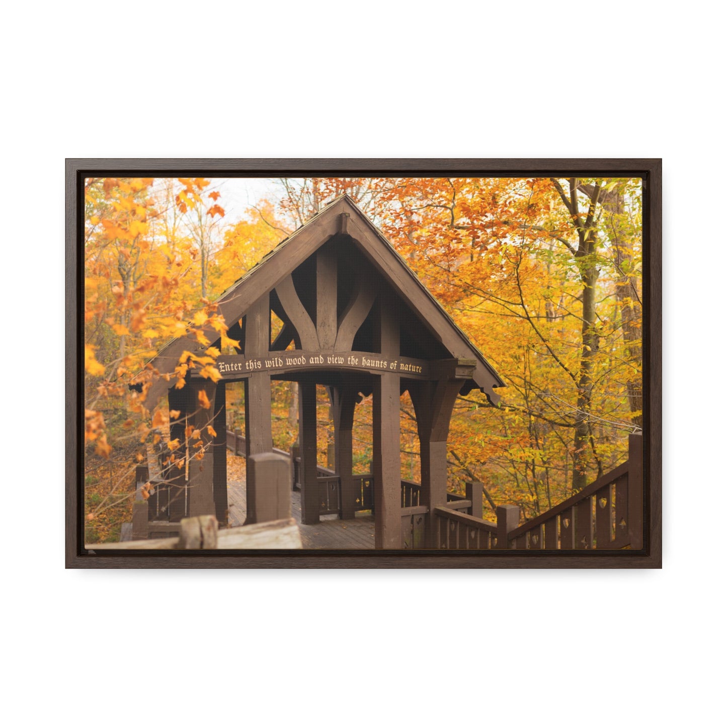 7 Bridges Trail’s Covered Bridge at Grant Park in South Milwaukee Wisconsin, Photography Framed Canvas Wrap Wall Art
