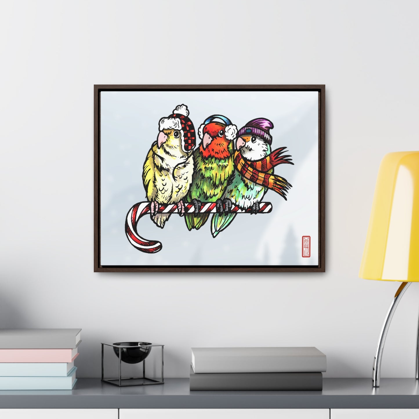 3 Lovebirds with Winter Wear & Perched on a Candy Cane, Framed Canvas Wrap Wall Art