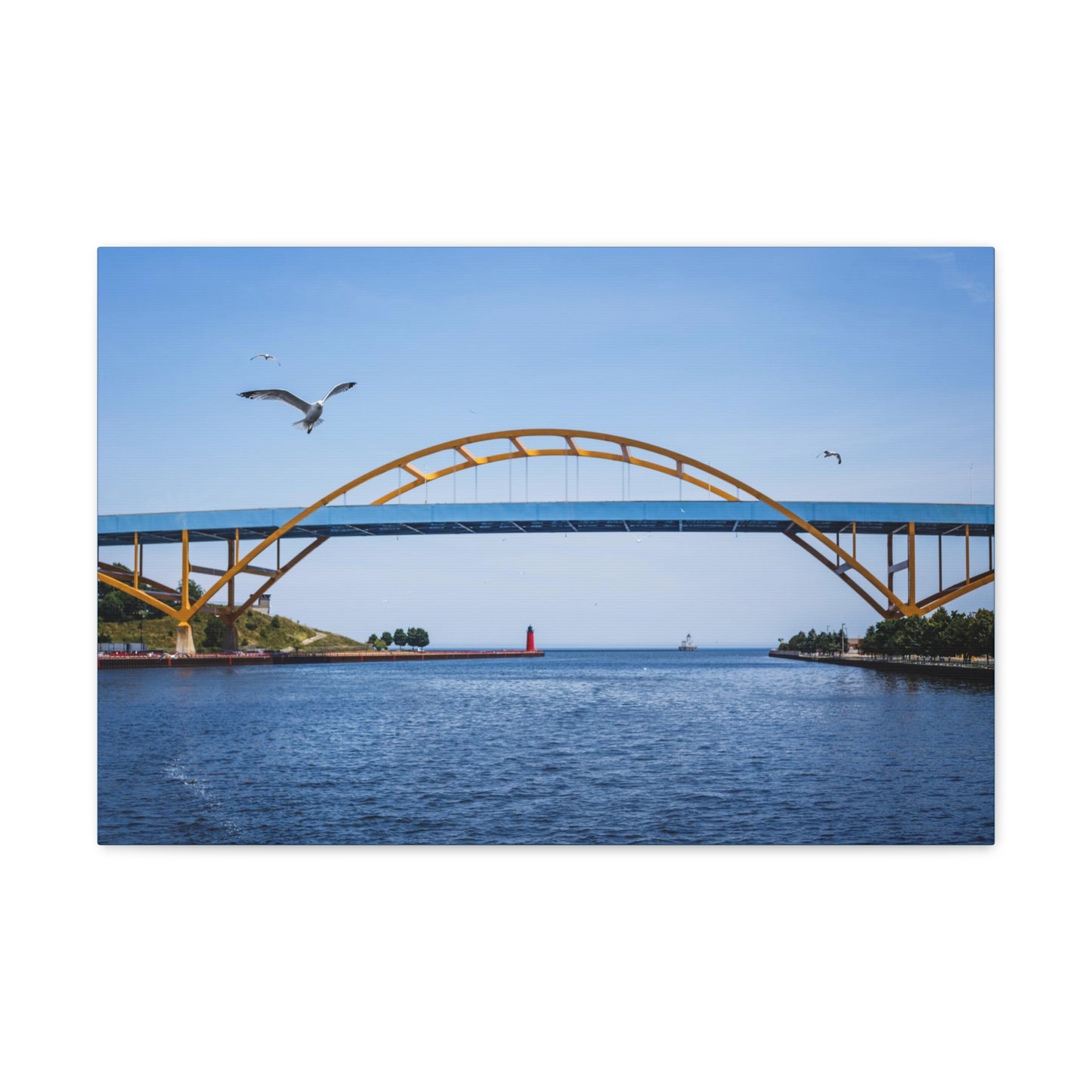 24″ x 16″ Premium Gallery Wraps (1.25″) Milwaukee, Wisconsin’s Hoan Bridge and Seagulls, Photography Canvas Wrap Wall Art