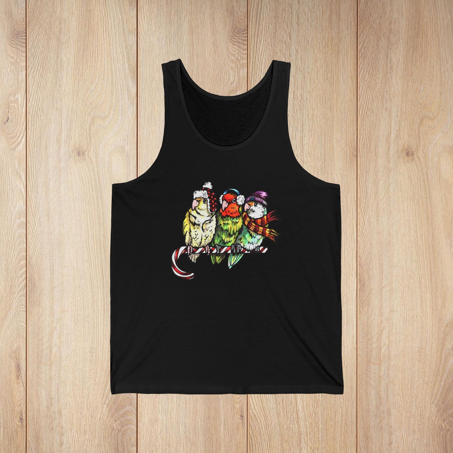 3 Lovebirds in Winter Wear & Perched on a Candy Cane, Unisex Jersey Tank Top