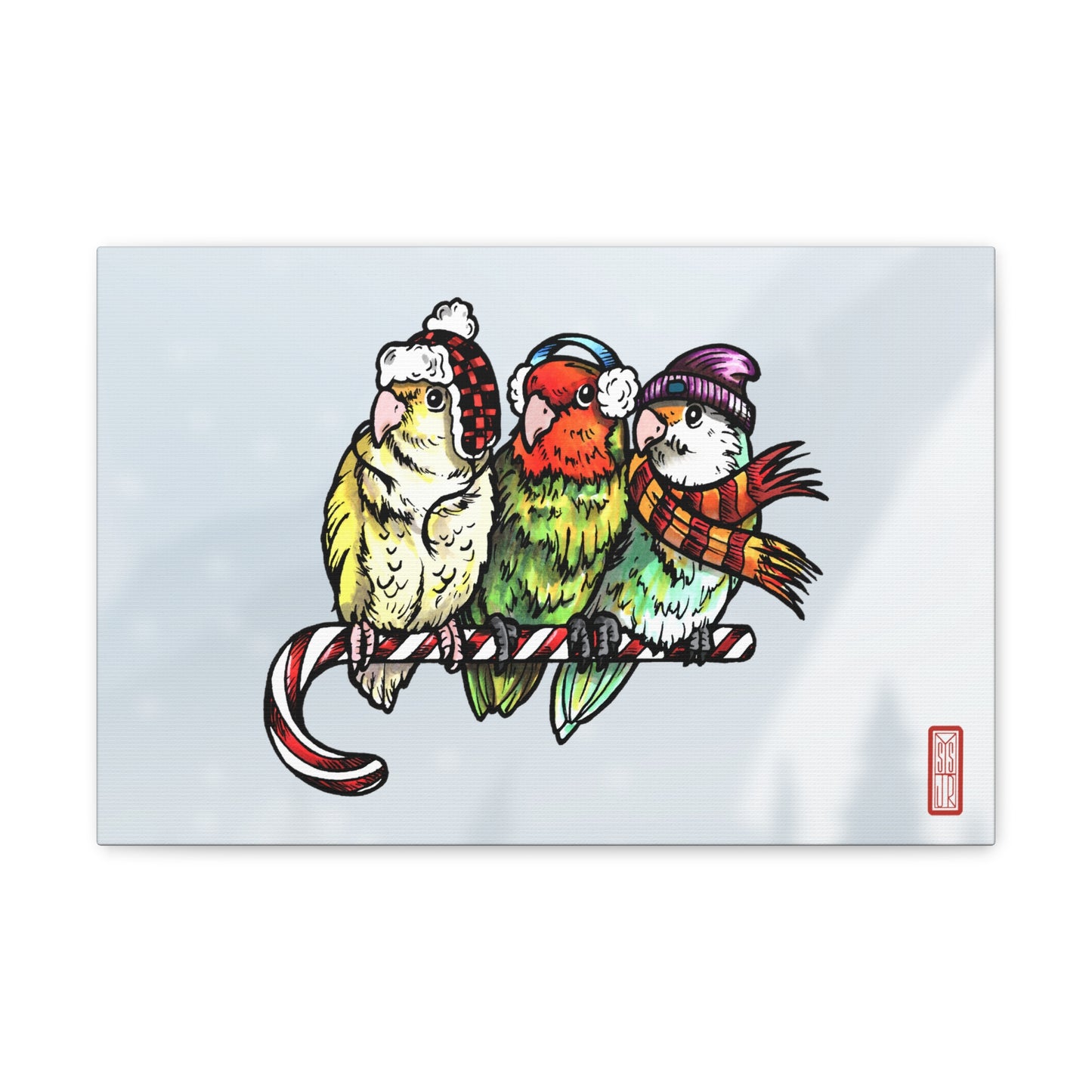 3 Lovebirds with Winter Wear & Perched on a Candy Cane, Canvas Wrap Wall Art