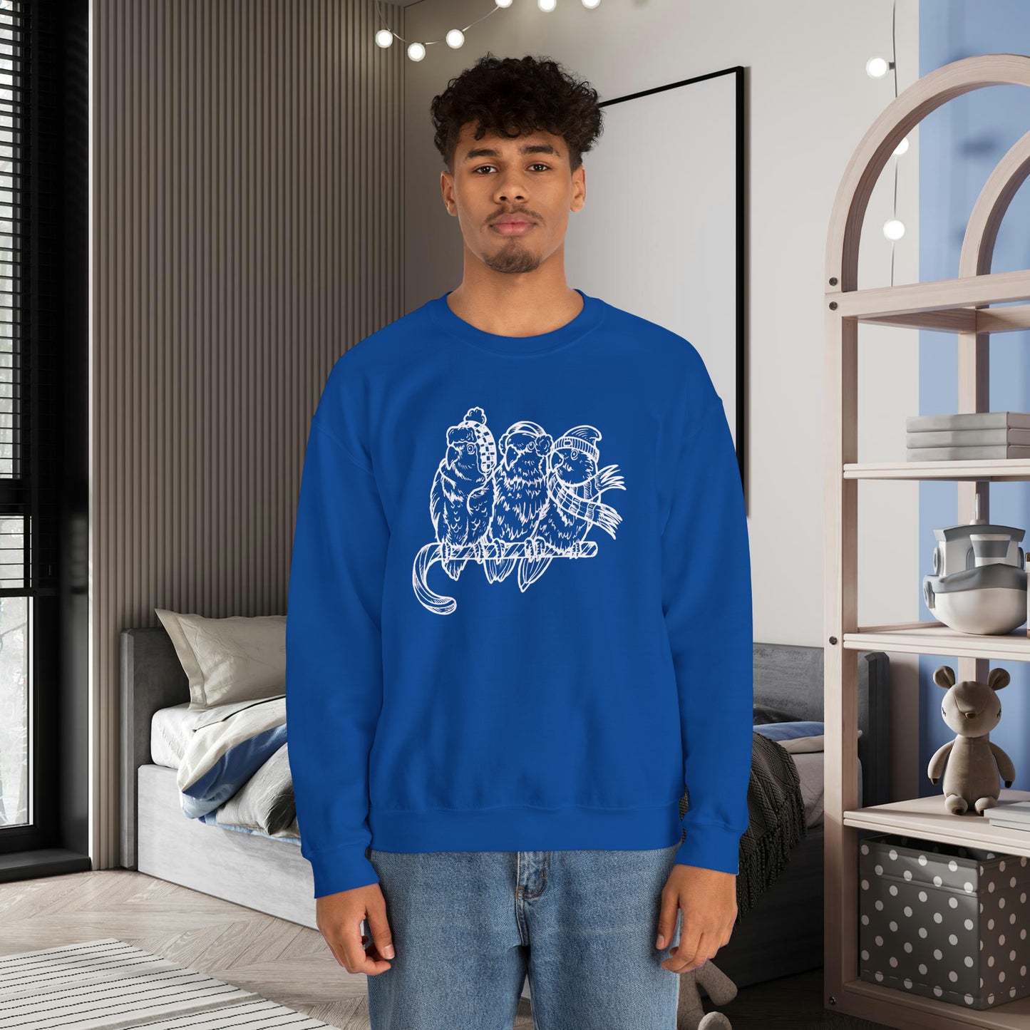 3 Lovebirds with Winter Wear & Perched on a Candy Cane, Line Art Crew Neck Sweatshirt