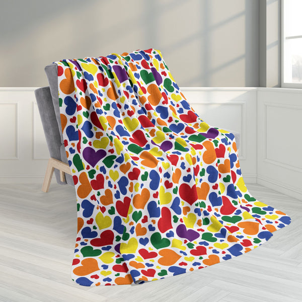 60" × 80" Rainbow Pride Hearts White Fleece Sherpa Blanket