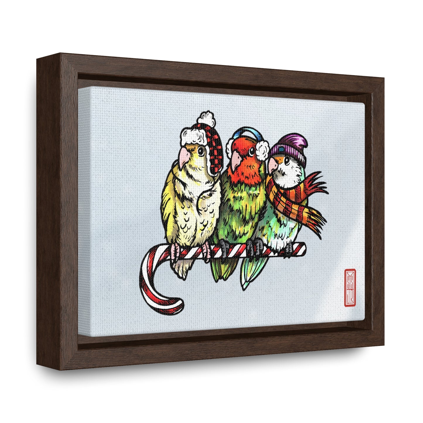 3 Lovebirds with Winter Wear & Perched on a Candy Cane, Framed Canvas Wrap Wall Art