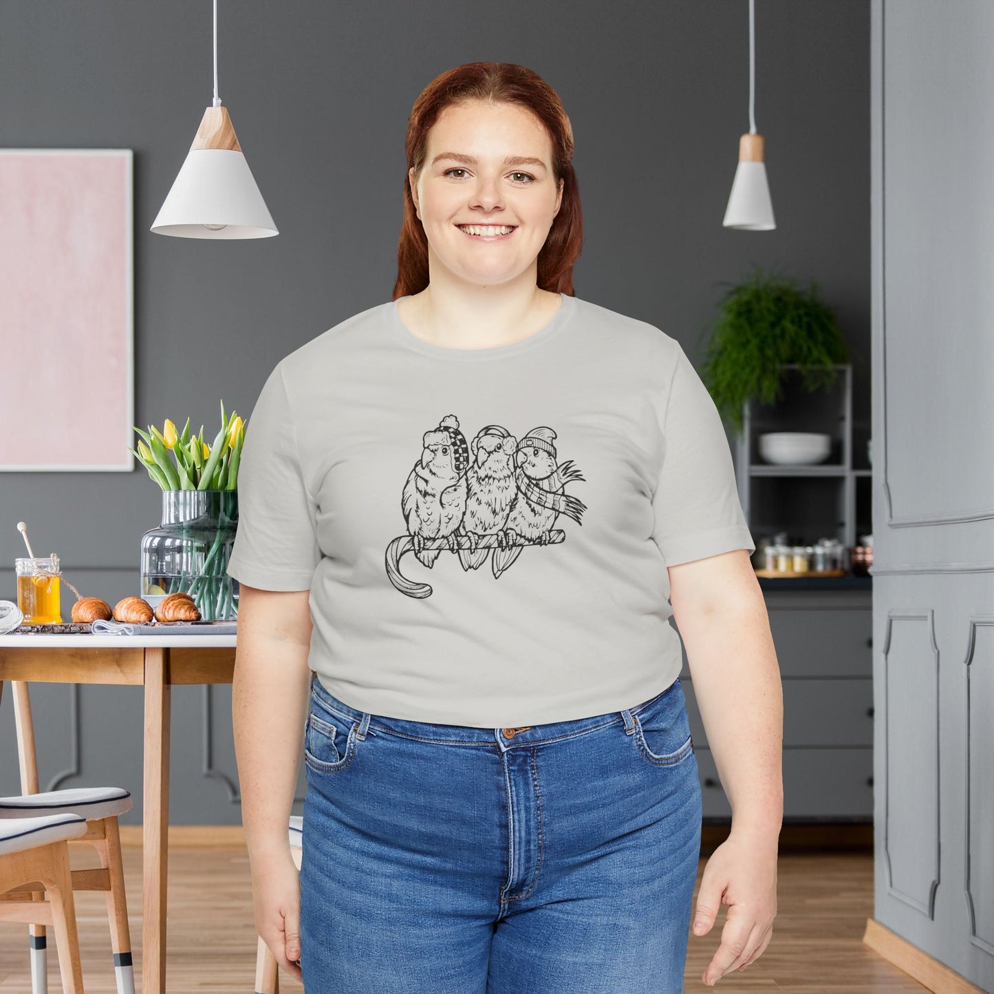 3 Lovebirds in Winter Wear & Perched on a Candy Cane, Line Art Tee