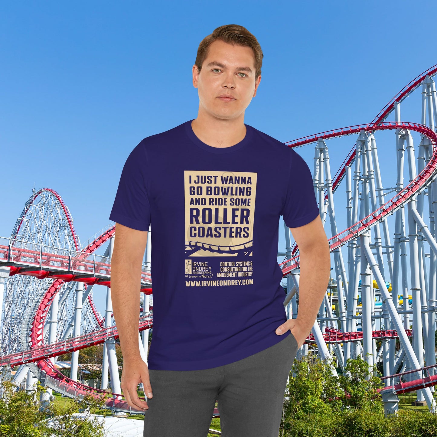 Team Navy I Just Wanna Go Bowling & Ride Roller Coasters Tee (FRONT graphic) • Irvine Ondrey Engineering
