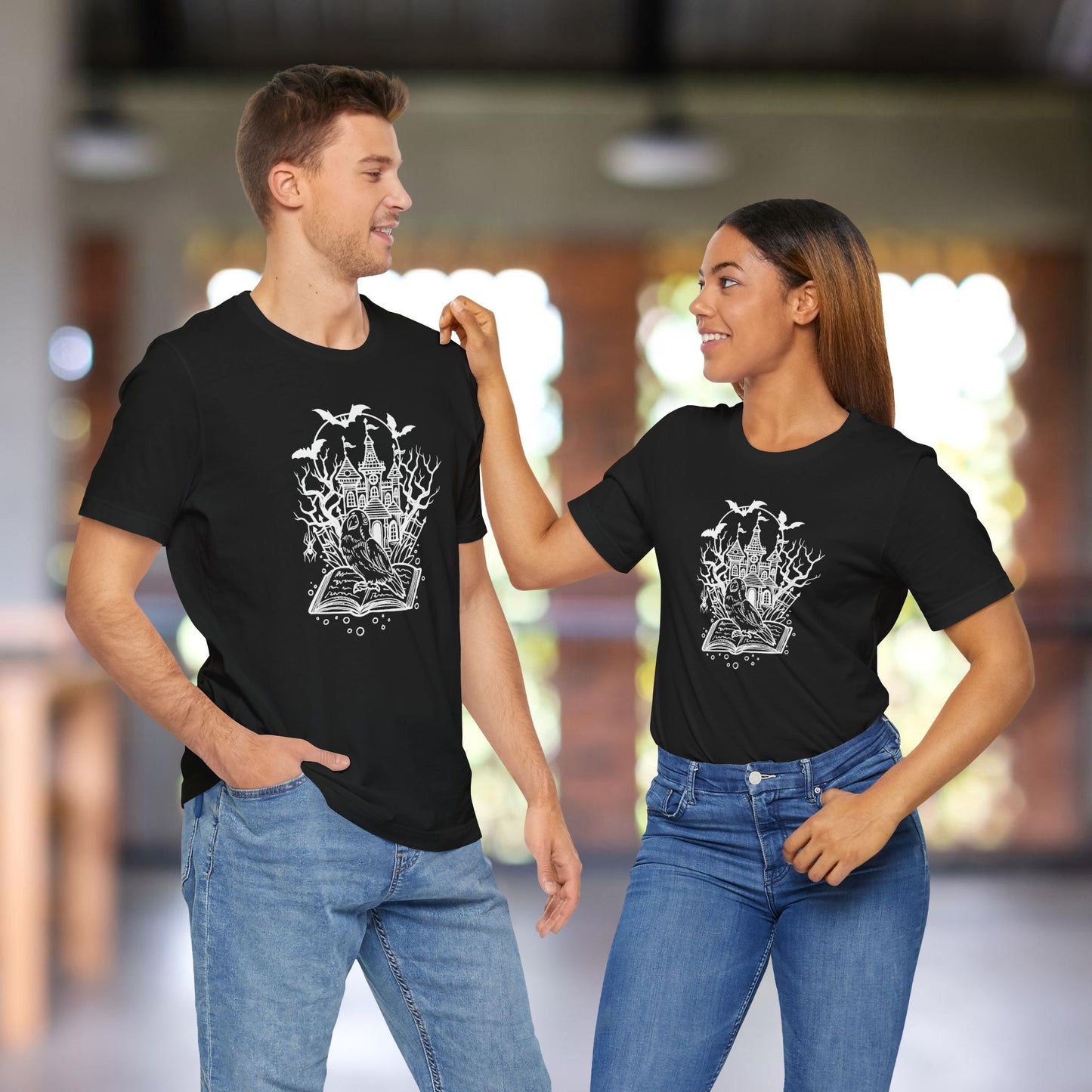 Lovebird on a Spell Book by a Haunted House, Line Art Tee