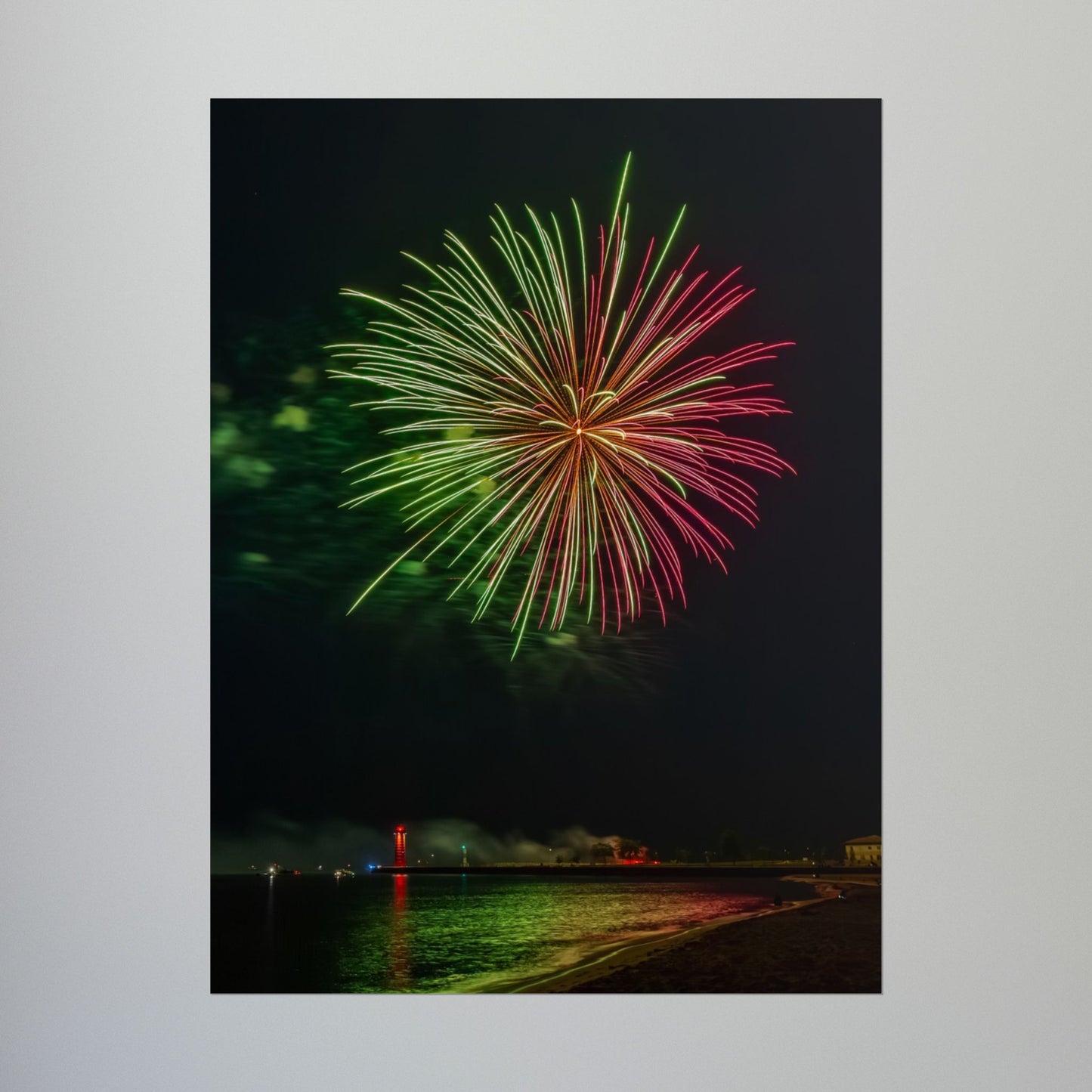 Green & Pink 4th of July Fireworks over Kenosha Pier Light Rolled Poster