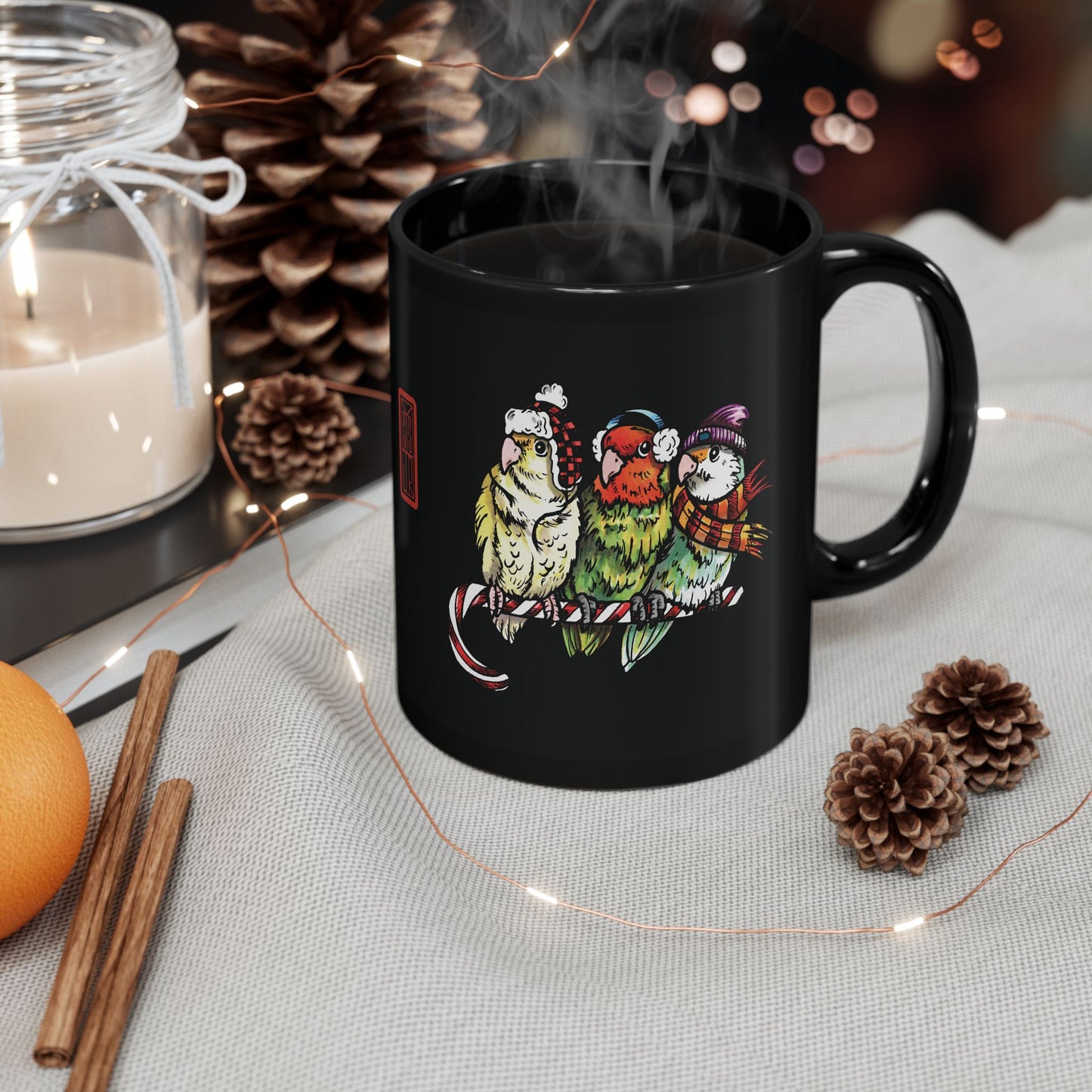 3 Lovebirds With Winter Wear & Perched on a Candy Cane, 11oz or 15oz Mug