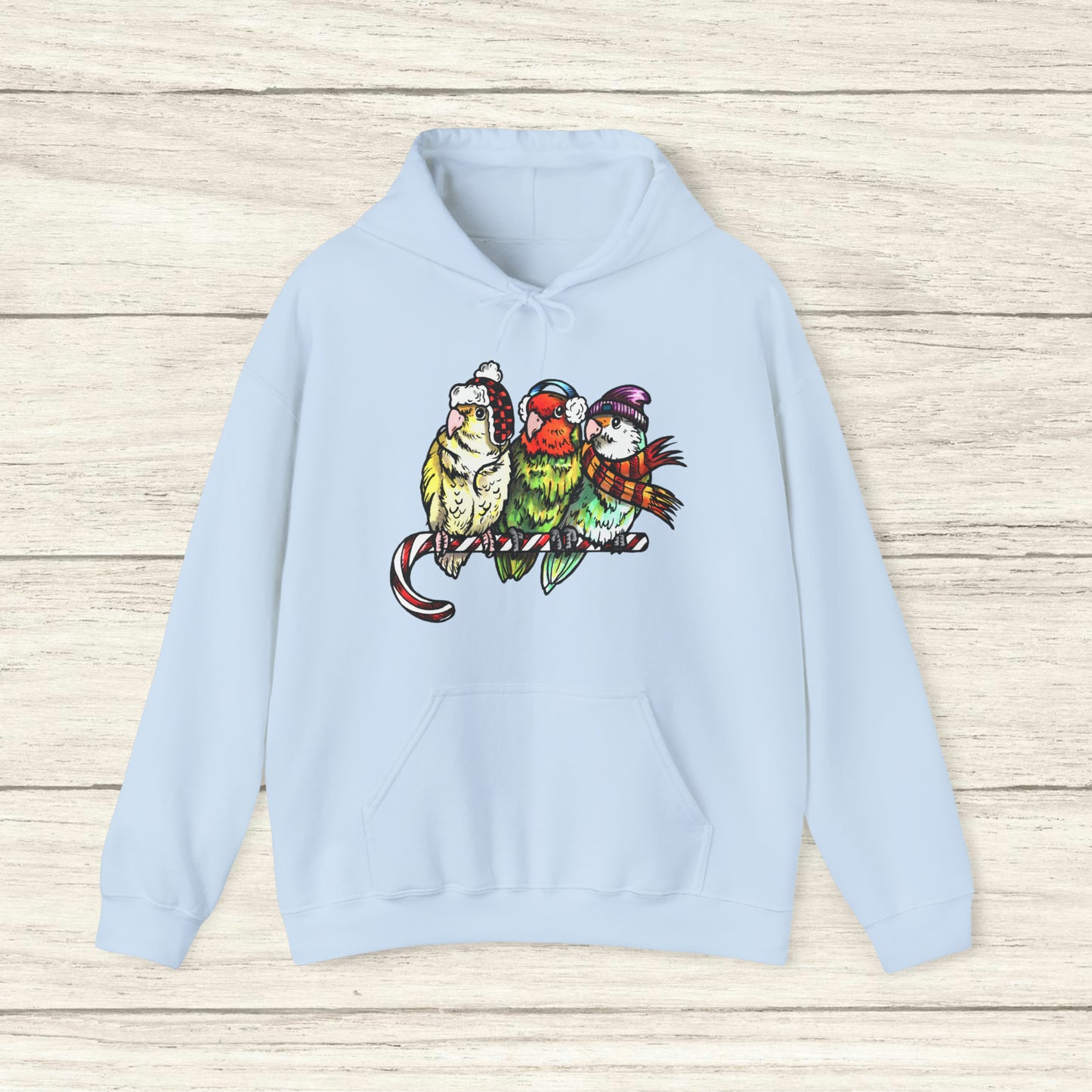 3 Lovebirds with Winter Wear & Perched on a Candy Cane Hoodie