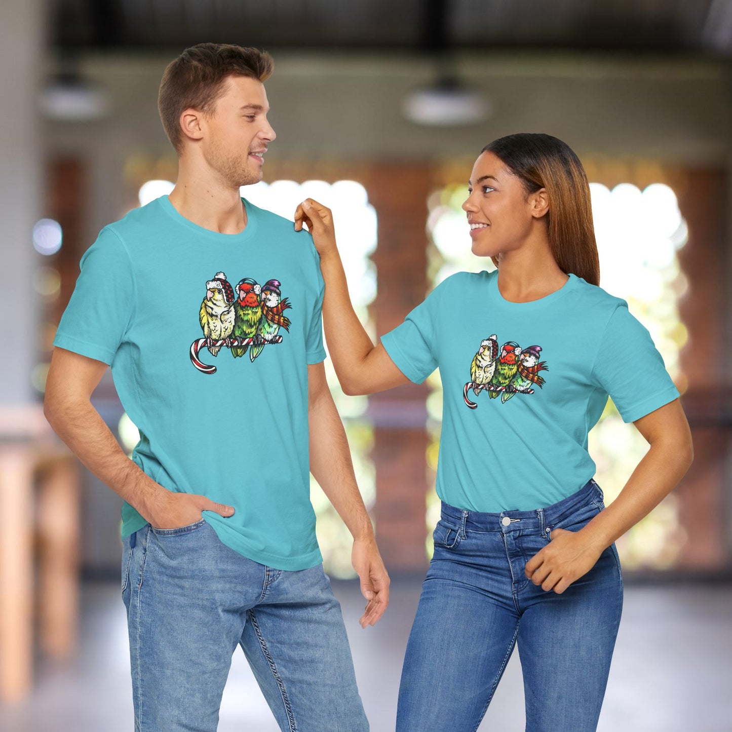 3 Lovebirds in Winter Wear & Perched on a Candy Cane, Tee