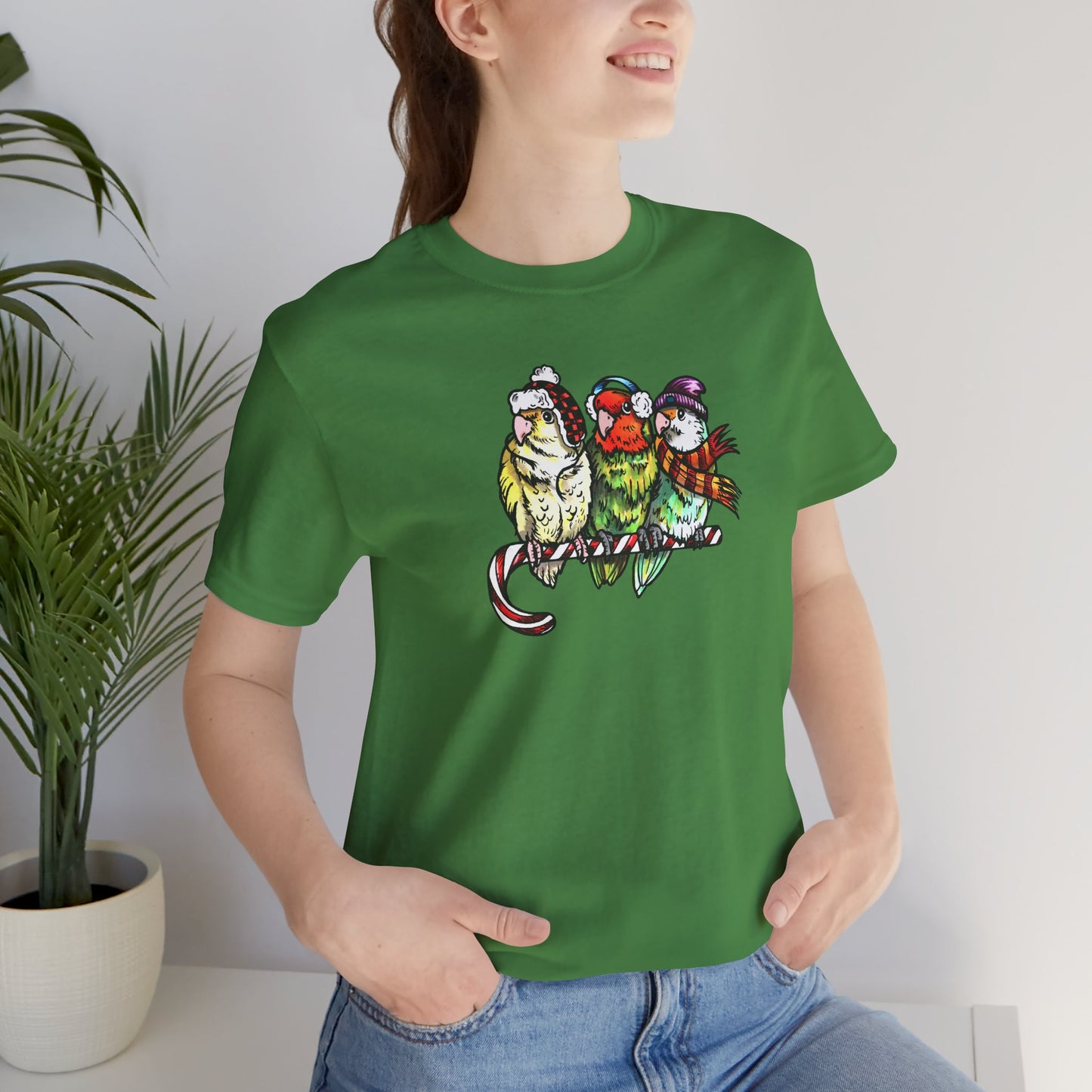 3 Lovebirds in Winter Wear & Perched on a Candy Cane, Tee