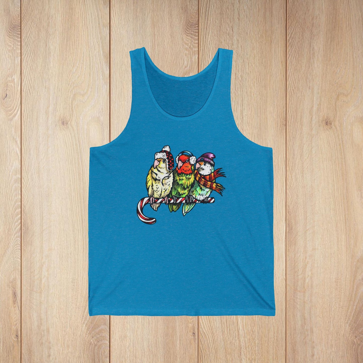 3 Lovebirds in Winter Wear & Perched on a Candy Cane, Unisex Jersey Tank Top